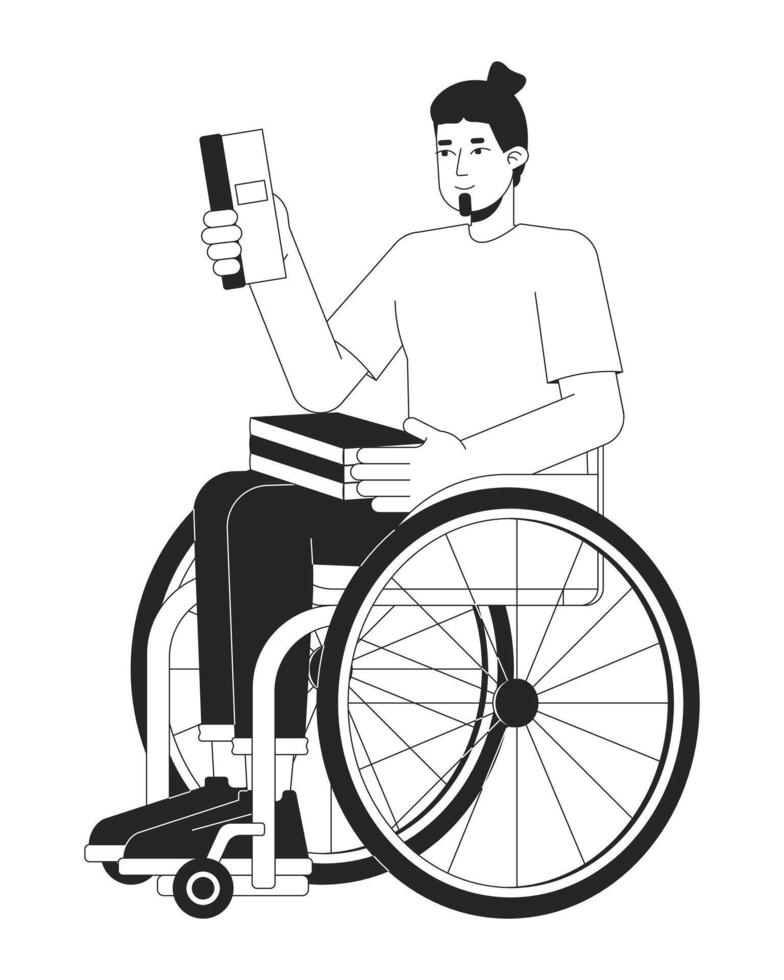 Caucasian man student with disability black and white 2D line cartoon character. Wheelchaired european male with books isolated outline person. Inclusion monochromatic flat spot illustration vector
