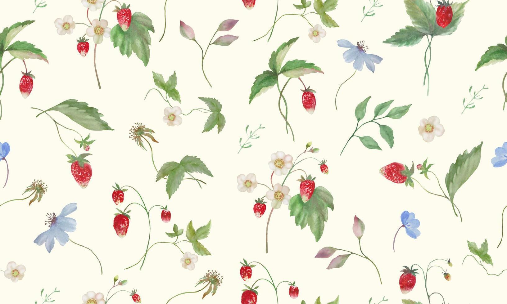 Seamless watercolor pattern with wild strawberries. Hand drawn illustration isolated on pastel background. vector
