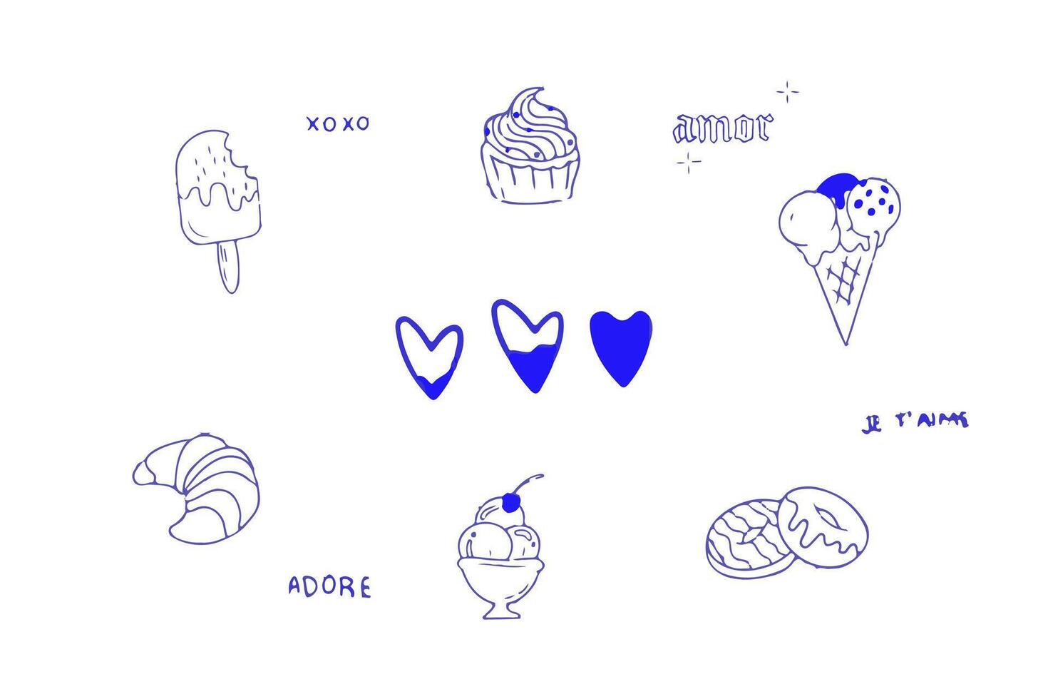 Flat doodle illustrations isolated on white background, linear retro icons set, doodle girls icons, love icons, girls power stickers, blue icons vector
