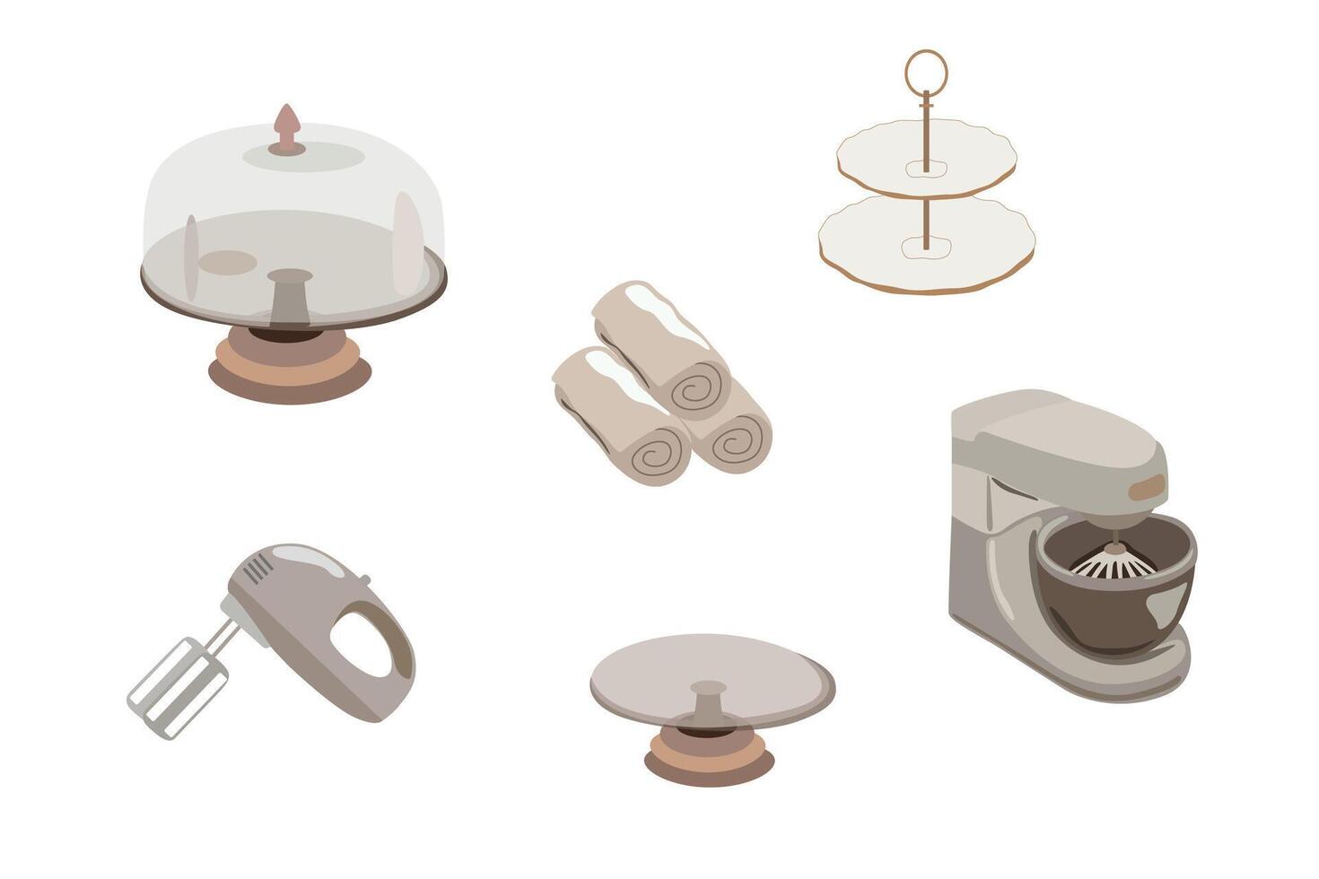 Kitchen electrical appliances set. Mixer, blender, towels, cake stand with and without a lid. Everything for the kitchen. Flat kitchen equipment vector