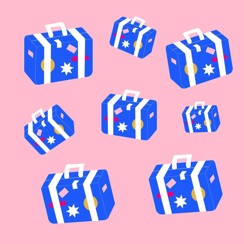 summer pattern on a pink background, travel and adventure tourism, summer vacation trip element, blue suitcase vector