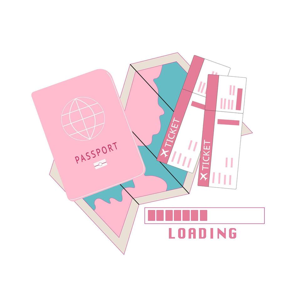 summer illustration, set of cute pink travel icons, travel and adventure tourism, travel abroad, summer vacation trip set, pink tickets, pink airplane, passport vector