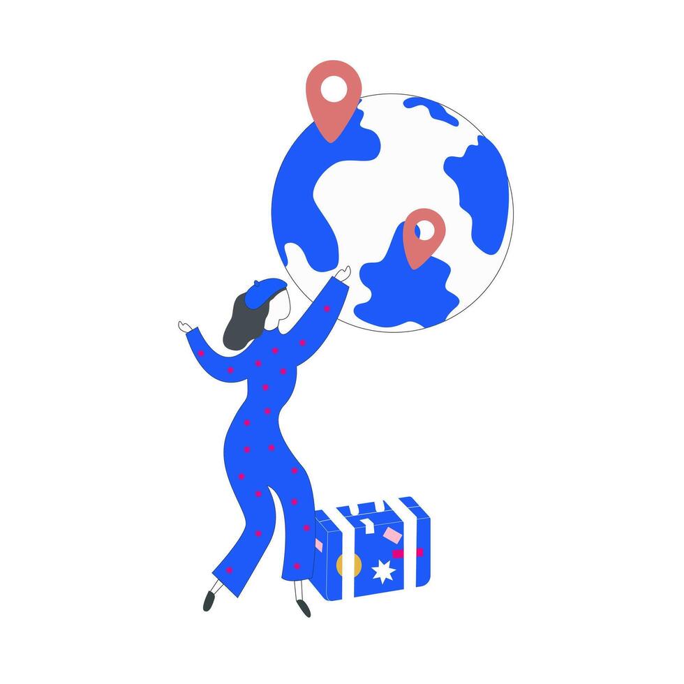 Flat blue vacation illustrations isolated on white background, travel and tourism flat characters, people with flat earth planet and red location point vector