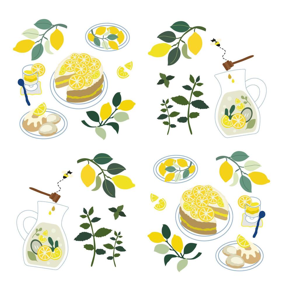 Summer lemon set, fresh cold lemonade with mint and lemon in a decanter, flat lemon cake and pastries, bright pattern with yellow lemons vector