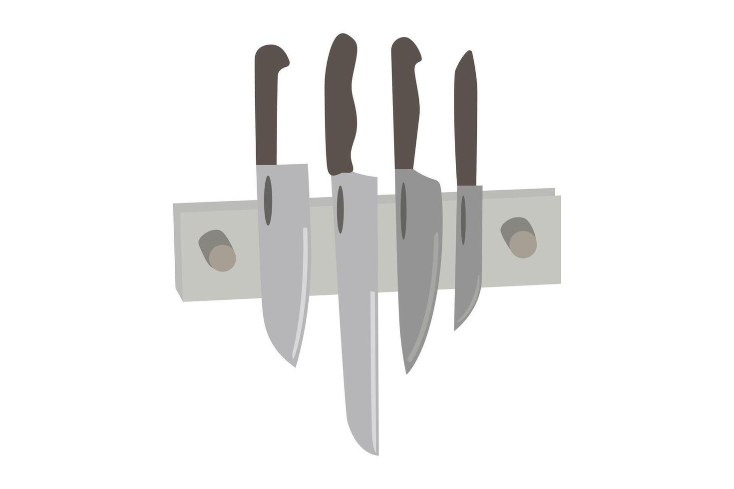 Set of kitchen knives of different sizes. Kitchen cutlery. Sharp knives on a wall hanging. Flat style vector