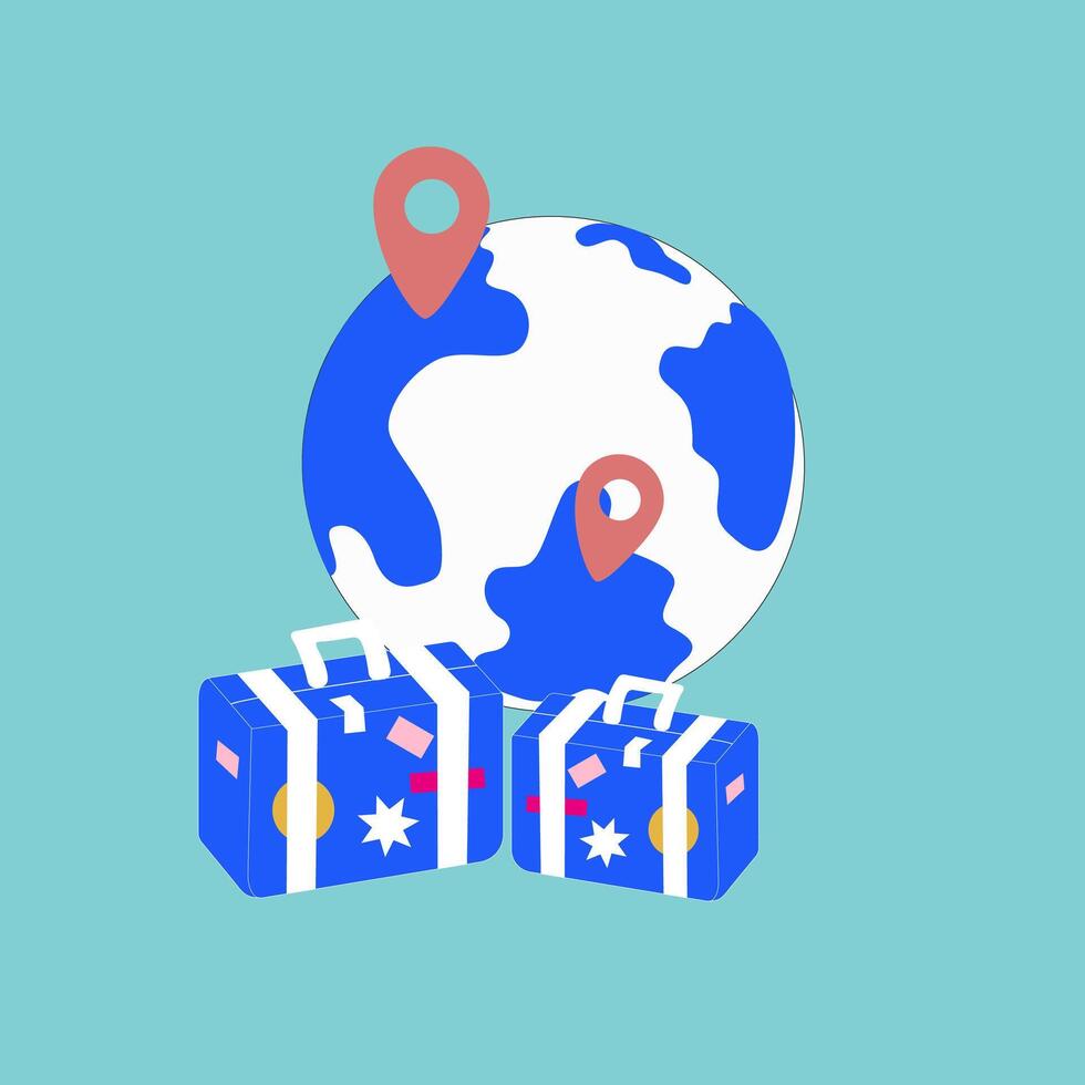 summer illustration on a blue background, travel and adventure tourism, summer vacation trip element, globe with red location point, blue suitcase vector