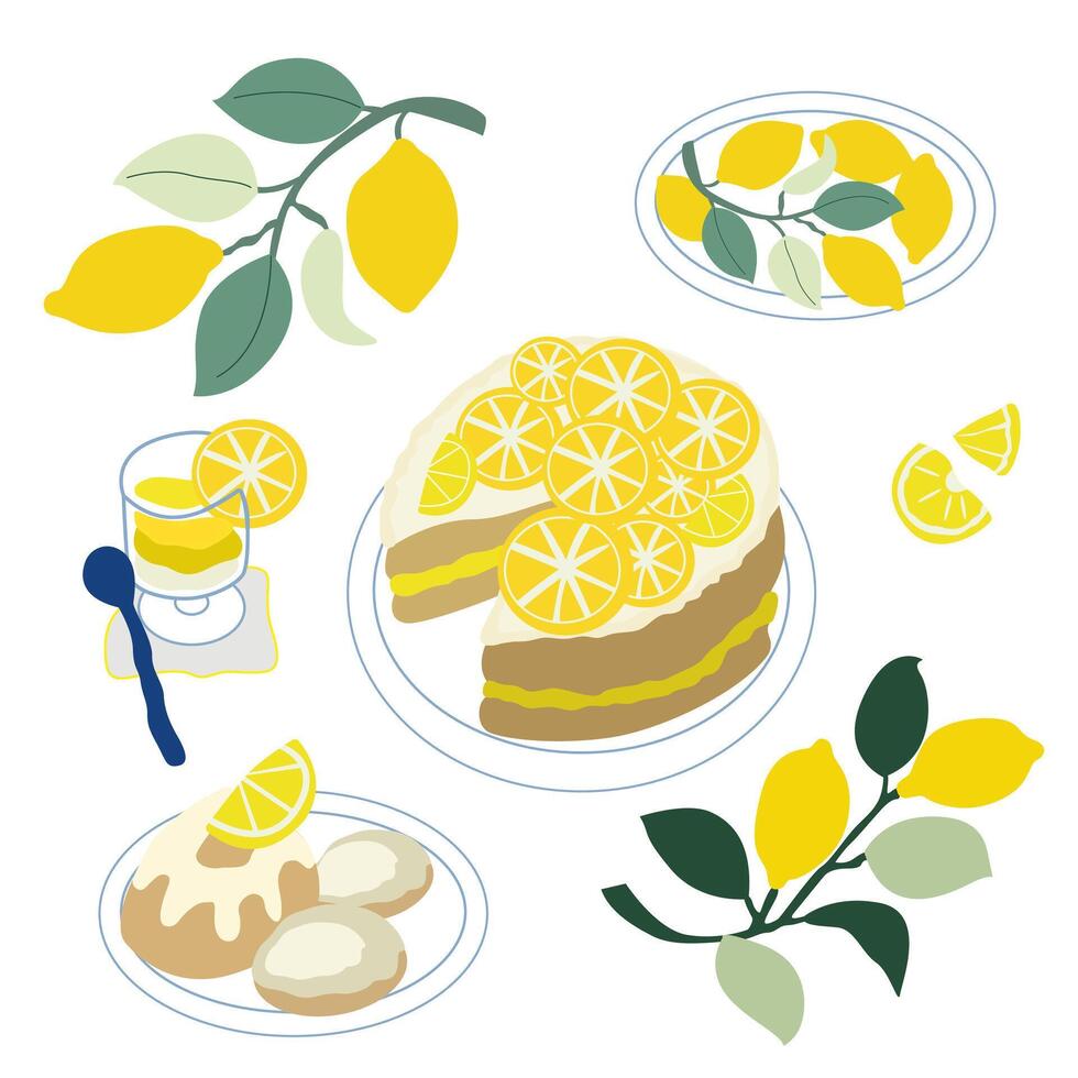 Fresh summer lemon drinks and lemon cakes set, fresh cold lemonade with mint and lemon wedges in a decanter, flat lemon cake and pastries vector