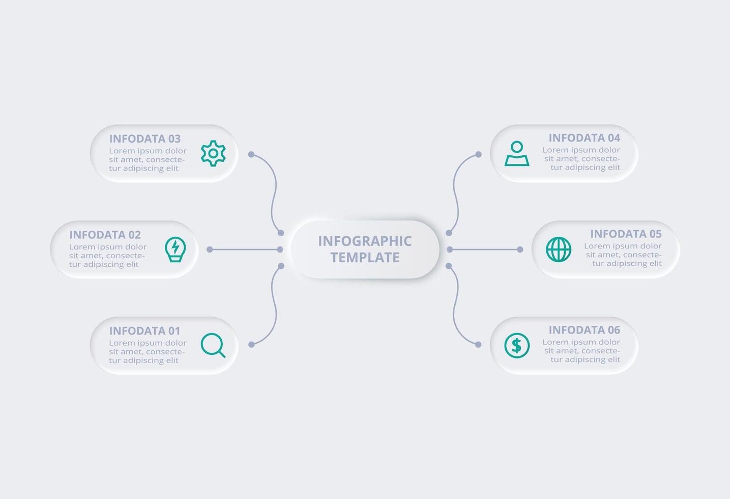 Neumorphic flowchart infographic. Creative concept for infographic with 6 steps, options, parts or processes. Template for diagram, graph, presentation and chart. vector