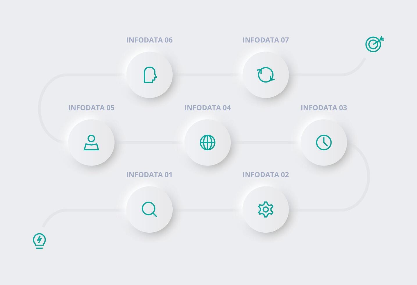 Neumorphic flowchart infographic. Creative concept for infographic with 7 steps, options, parts or processes. Template for diagram, graph, presentation and chart. vector