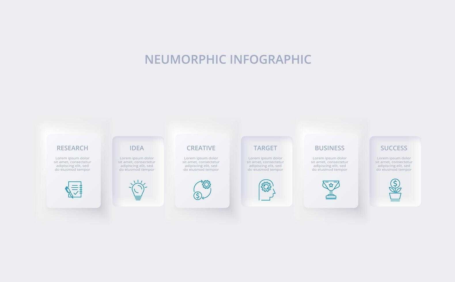 Neumorphic flowchart infographic. Creative concept for infographic with 6 steps, options, parts or processes. Template for diagram, graph, presentation and chart. vector