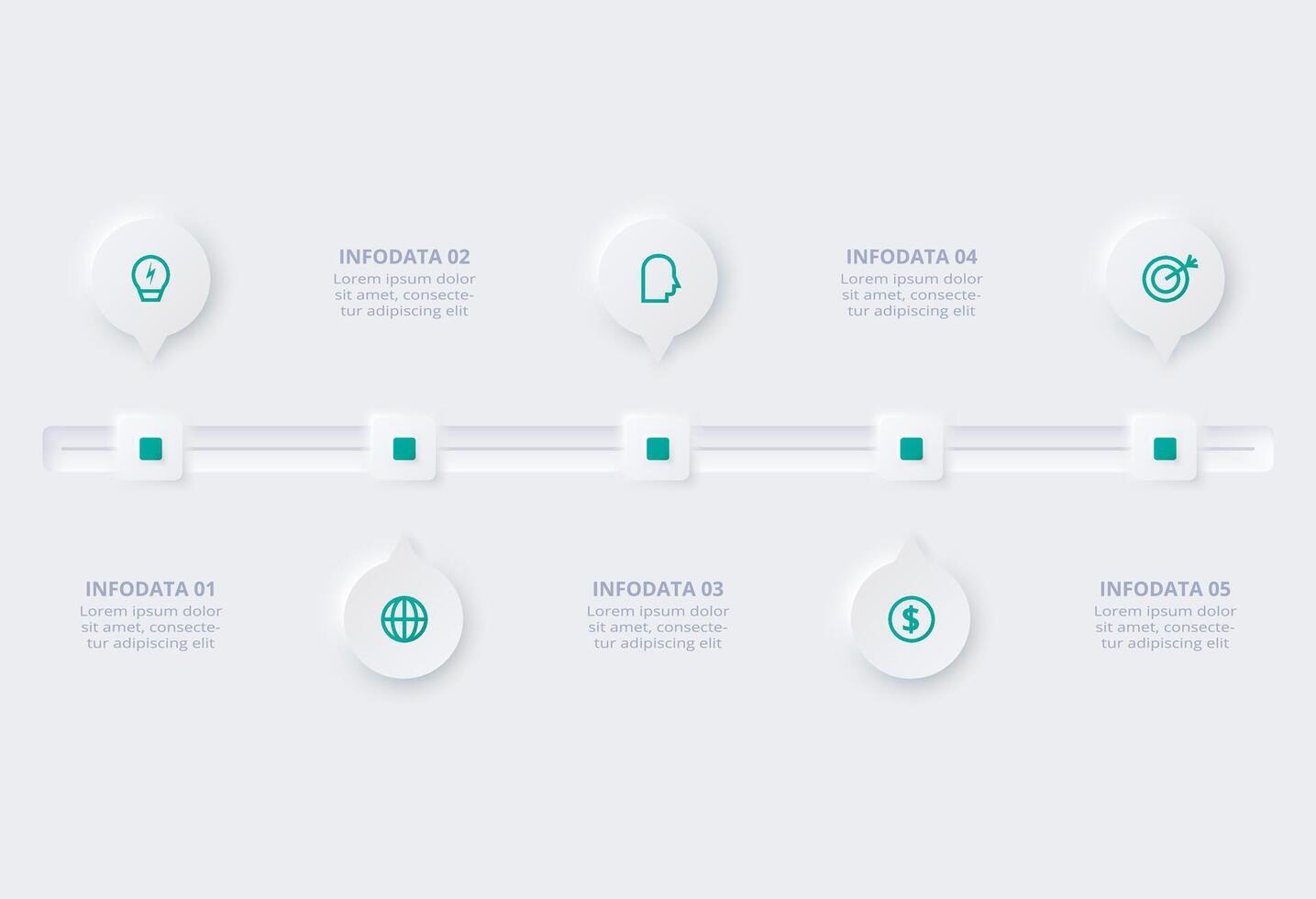 Neumorphic flowchart infographic. Creative concept for infographic with 5 steps, options, parts or processes. Template for diagram, graph, presentation and chart. vector