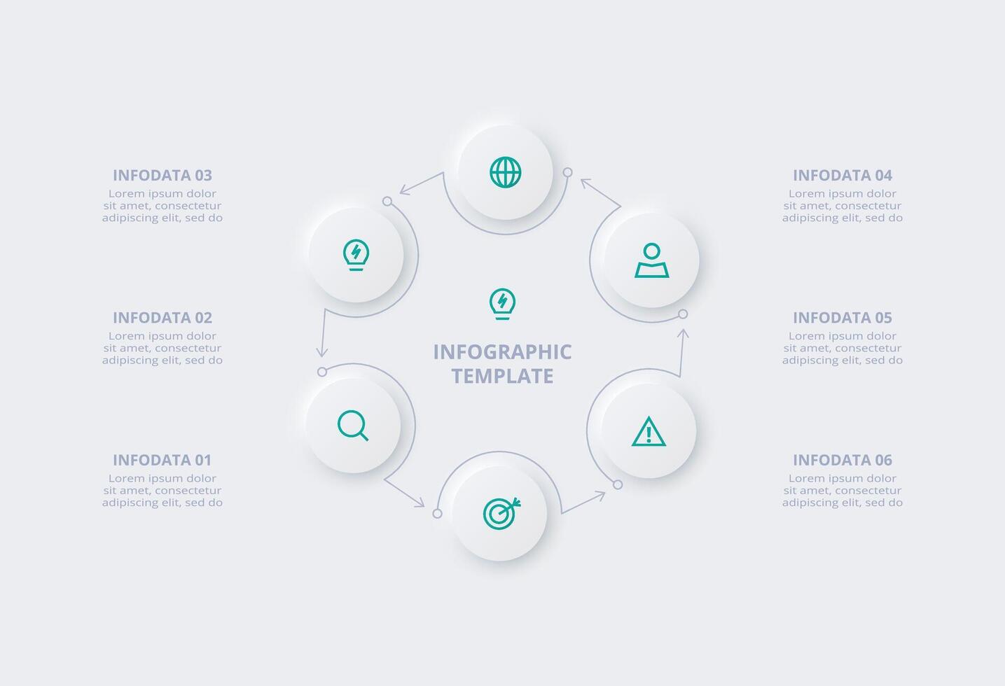 Neumorphic flowchart infographic. Creative concept for infographic with 6 steps, options, parts or processes. Template for diagram, graph, presentation and chart. vector