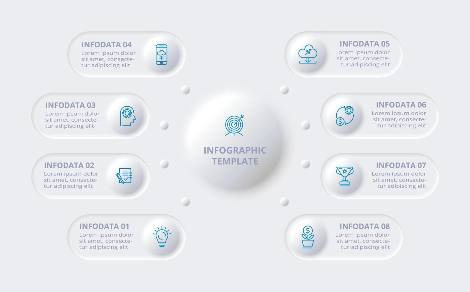 Neumorphic flowchart info steps, options, parts or processes. Template for diagram, graphic. Creative concept for infographic with 8 graph, presentation and chart. vector