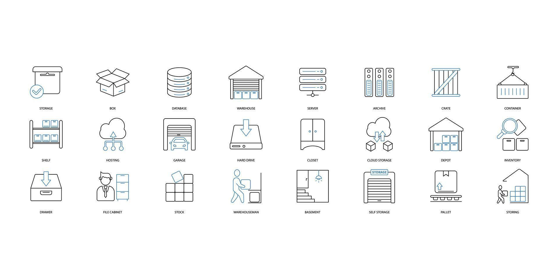 Storage icons set. Set of editable stroke icons.Set of Storage vector