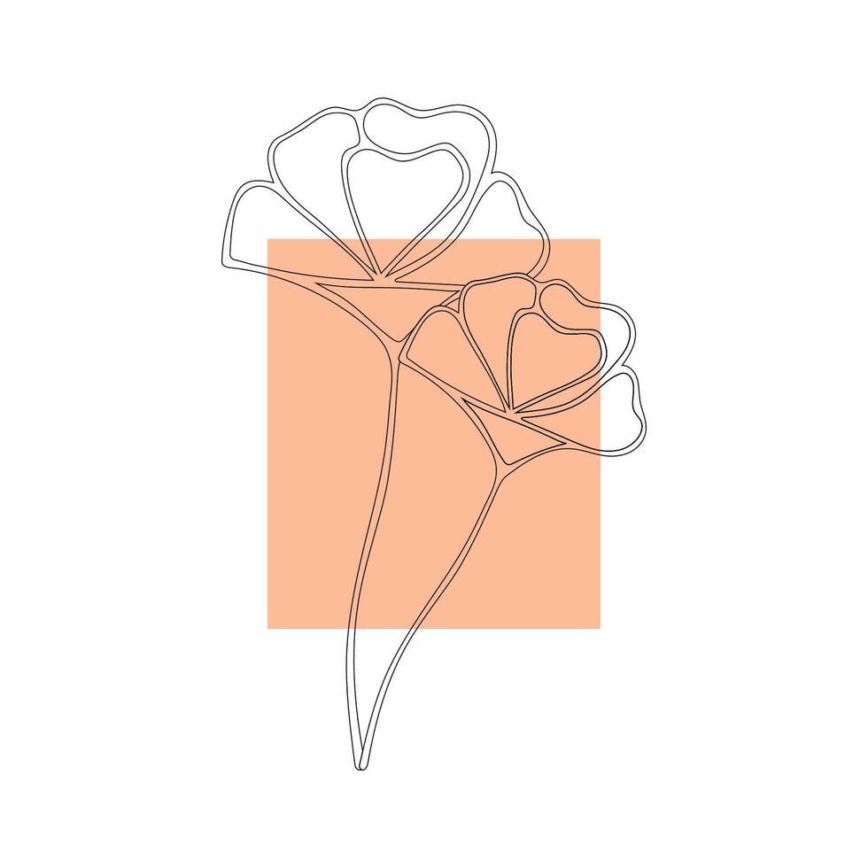 An illustration of a black thin silhouette of flowers on a square peach-colored background. vector
