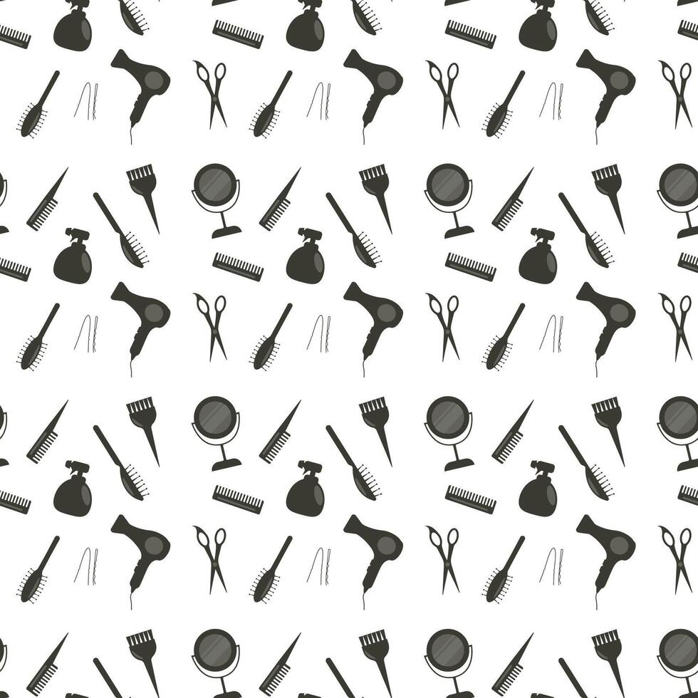 Seamless pattern of black silhouettes from the hairdresser's set. Comb, mirror, scissors, hair clip, spray. vector