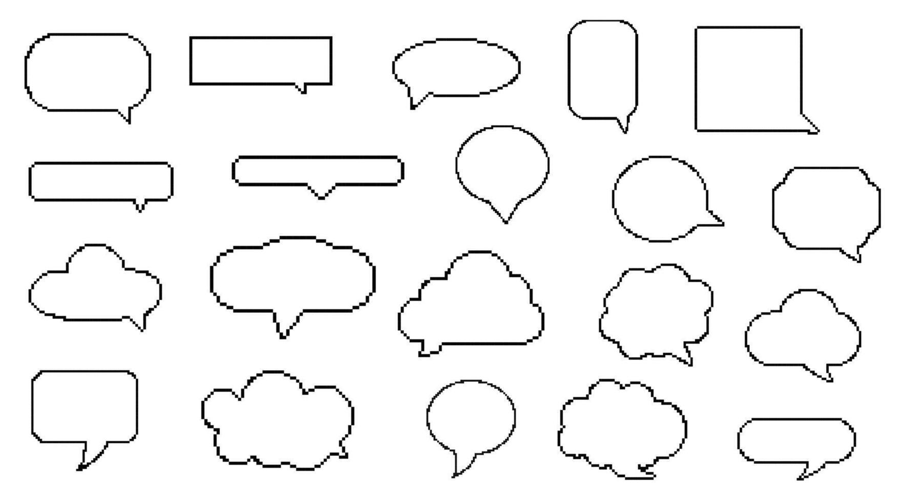 Set of pixel art line speech bubbles. Dialogue box in 8 bit style. Modern vintage illustration. Text boxes for chats and games. Various talk balloon shapes in retro 90's style vector