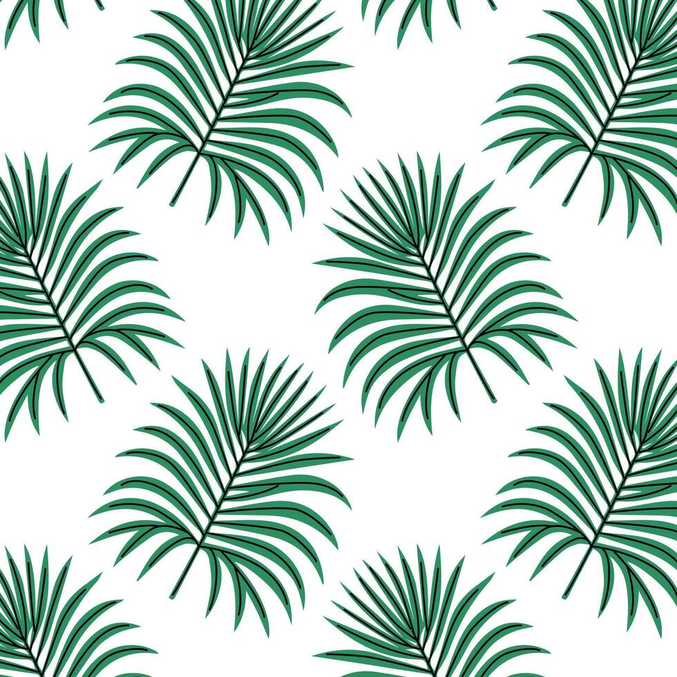Pattern of tropical and palm leaves. Silhouettes green branches, leaves in minimalist flat style. Exotic summer background with leaves on white background. Print for gift wrapping, fabric, textile vector