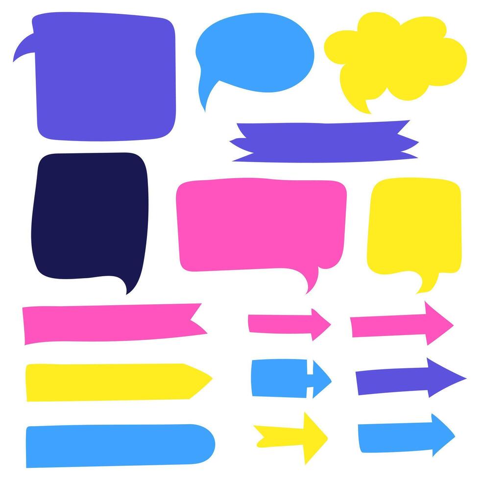 Sticky hand drawn doodle psychedelic notes on paper, cute blanks, office notices, home reminder. Paper stickers, paper clouds for communication and arrows for marking for school, university, work. Set vector