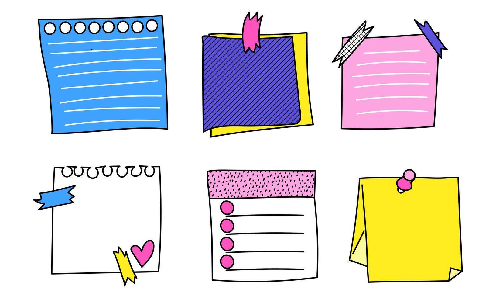 Sticky hand drawn doodle psychedelic notes on paper, cute blanks, office notices, home reminder. Paper sticky notes, memo messages, torn paper for school, university, work. They are attached. White vector