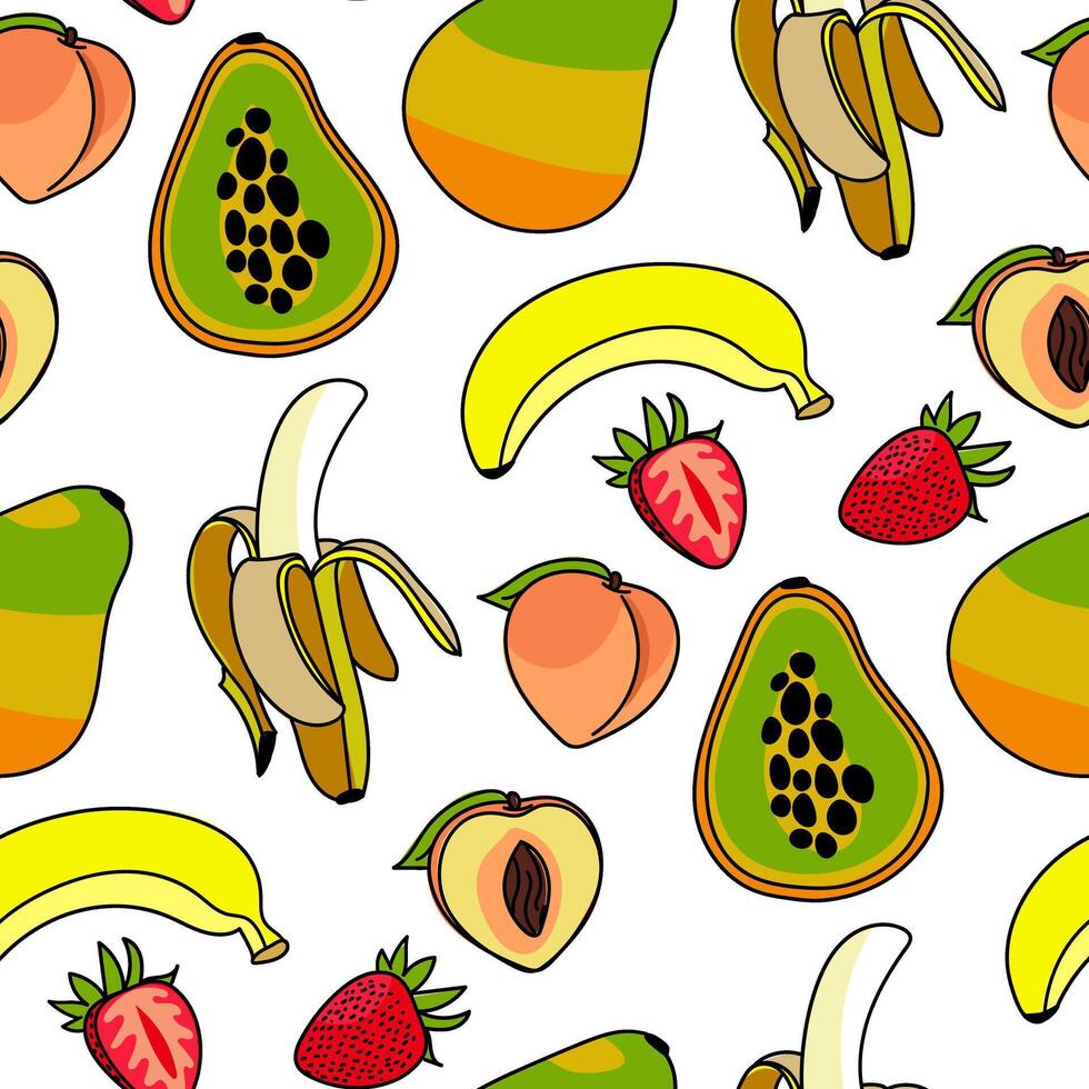 A pattern of whole fruits, berries and their halves with a contour, juicy strawberries, banana, peach, papaya. For textile prints, wallpapers or packaging materials. The fruit ornament seamless. vector