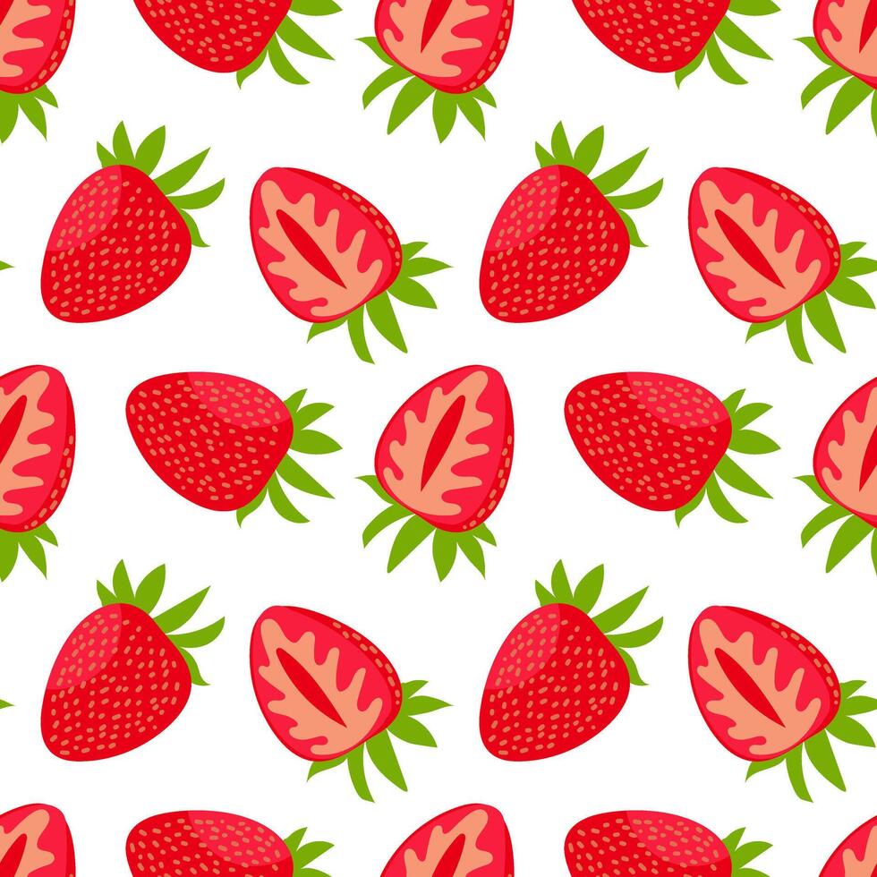 A pattern of whole strawberries and their cuts. Bright red color of fresh berries with green leaves. Strawberry texture is suitable for adding freshness, color and natural beauty to any design project vector