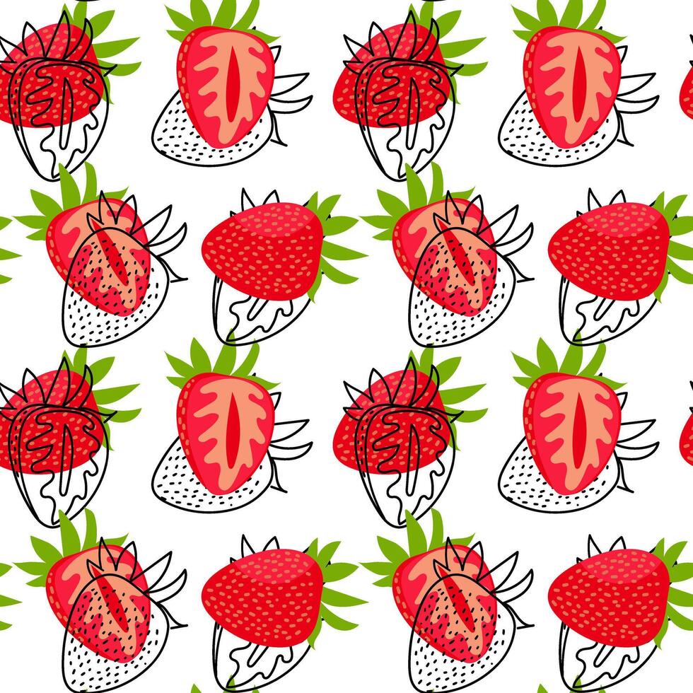 Pattern of whole strawberries and their cuts with a contour is shifted. The bright red color of fresh berries with green leaves. Texture for freshness, color and natural beauty for any design project vector