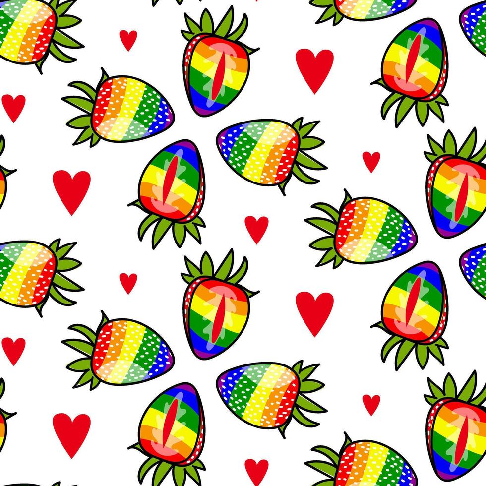 Pattern of strawberries painted in all colors of the rainbow. Colorful berries individually with hearts. Whole halves in different poses. An LGBT symbol. Suitable for website, blog, product packaging vector