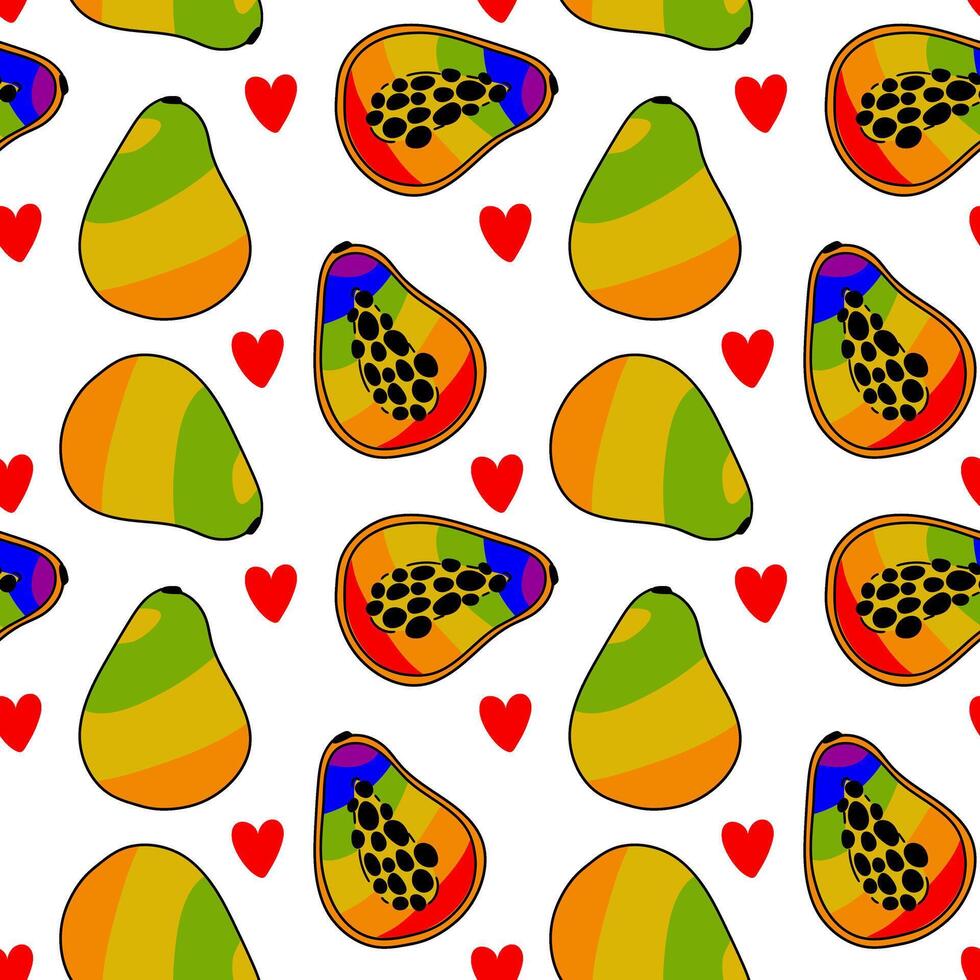 A pattern of papayas painted inside in all the colors of the rainbow. Repeating fruits with contours and color. Whole and cut in different poses. An LGBT symbol. Suitable for website, packaging vector