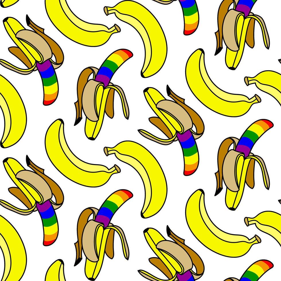A pattern of bananas painted inside in all the colors of the rainbow. Repeating fruits with contours and color. An open and closed banana in different poses. An LGBT symbol. Suitable for packaging vector