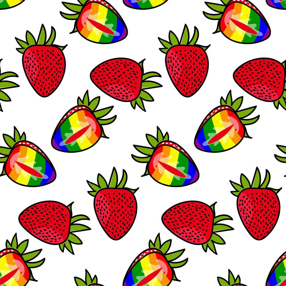 A pattern of strawberries painted inside in all the colors of the rainbow. Repeating fruits with contours and color. Whole and cut in different poses. An LGBT symbol. Suitable for website, packaging vector