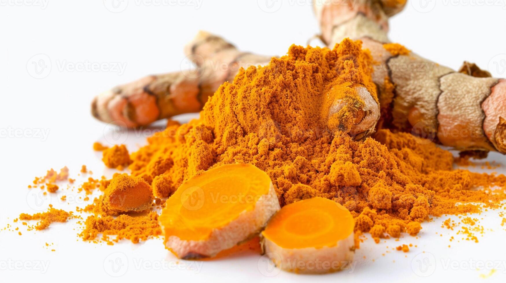 A piece of turmeric with powder, isolated on white background photo