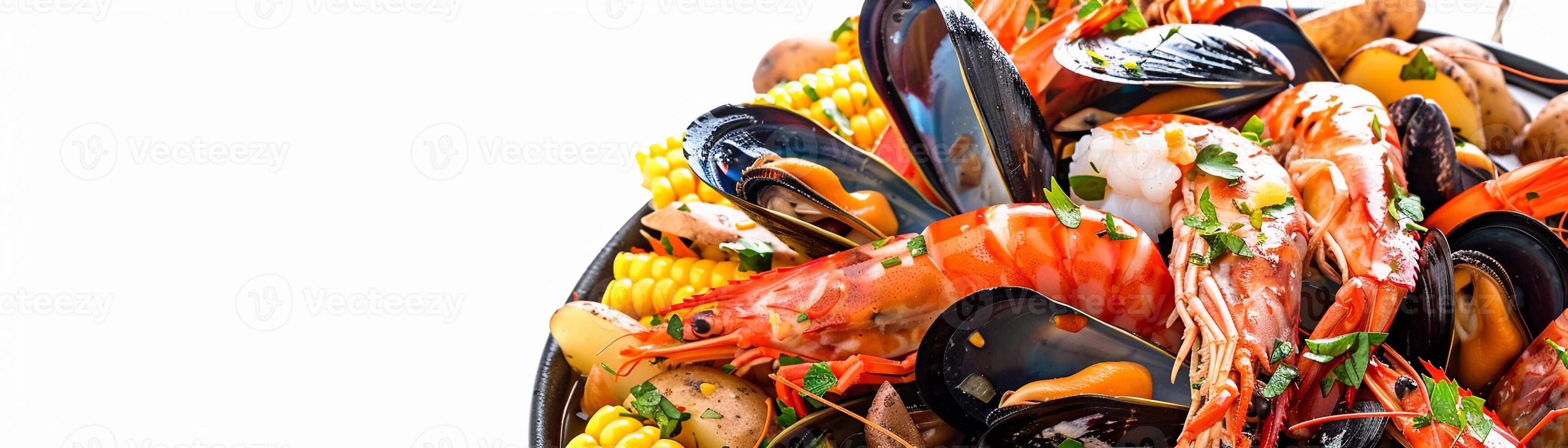Rustic Charm, the essence of a seafood boil on a white background, pile up steamed shrimp, mussels, and clams in a large pot photo