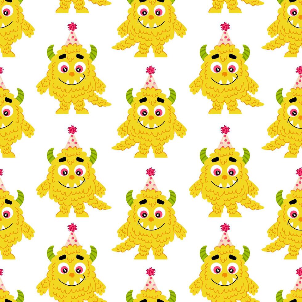 Fluffy yellow monster in flat style on a white background. Birthday pattern. Festive kids cartoon monster character. Pattern for textile, wrapping paper, background. vector