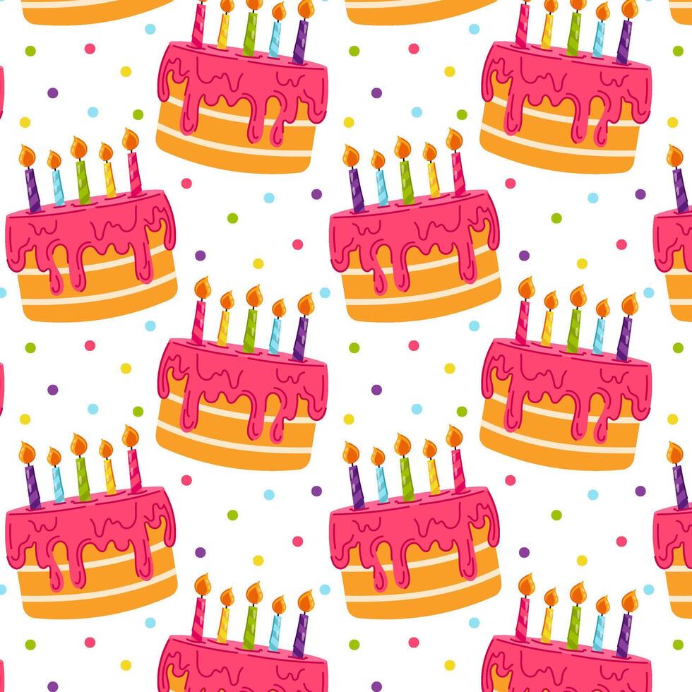 Birthday cake with candles in flat style. Festive background with sweets. Birthday. Pattern for textile, wrapping paper, background. vector