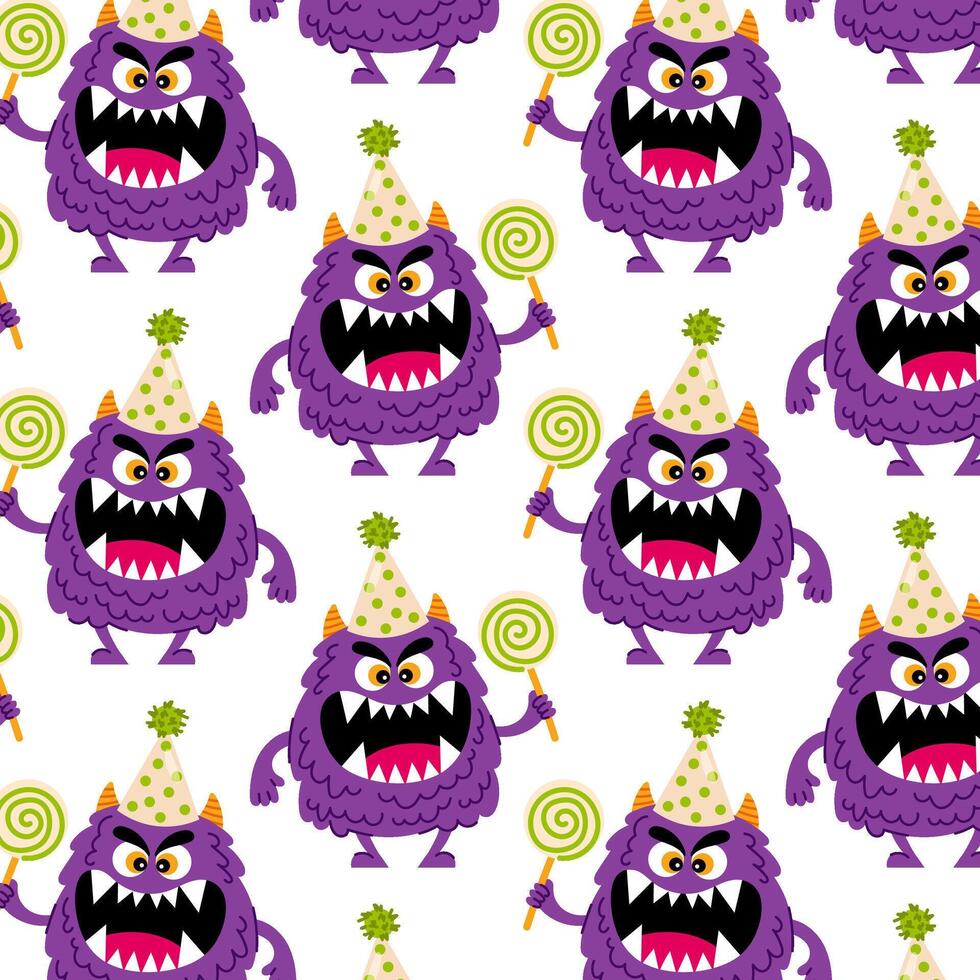 Toothy fluffy monster with lollipop in flat style. Birthday, holiday, congratulation. Kids monster pattern character. Pattern for textile, wrapping paper, background. vector