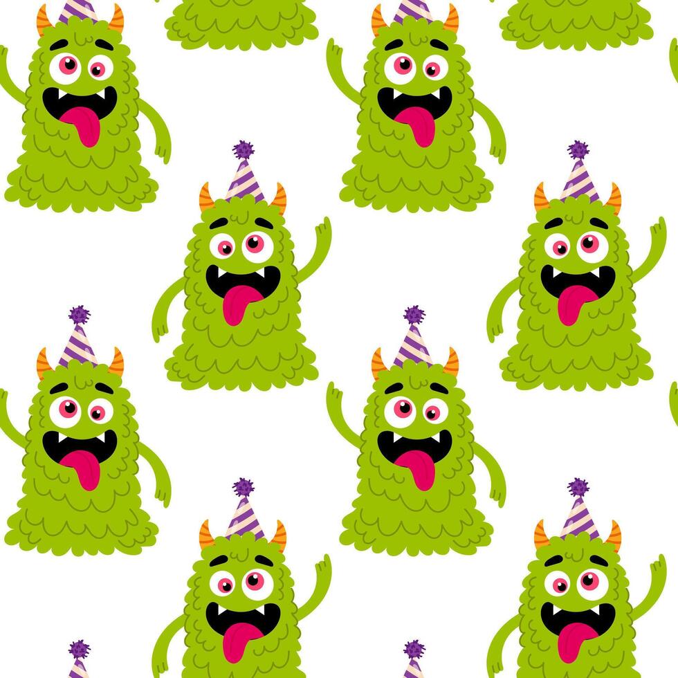 Pattern for textile, wrapping paper, background. Funny green monster in flat style on a white background. Kids cartoon character. vector