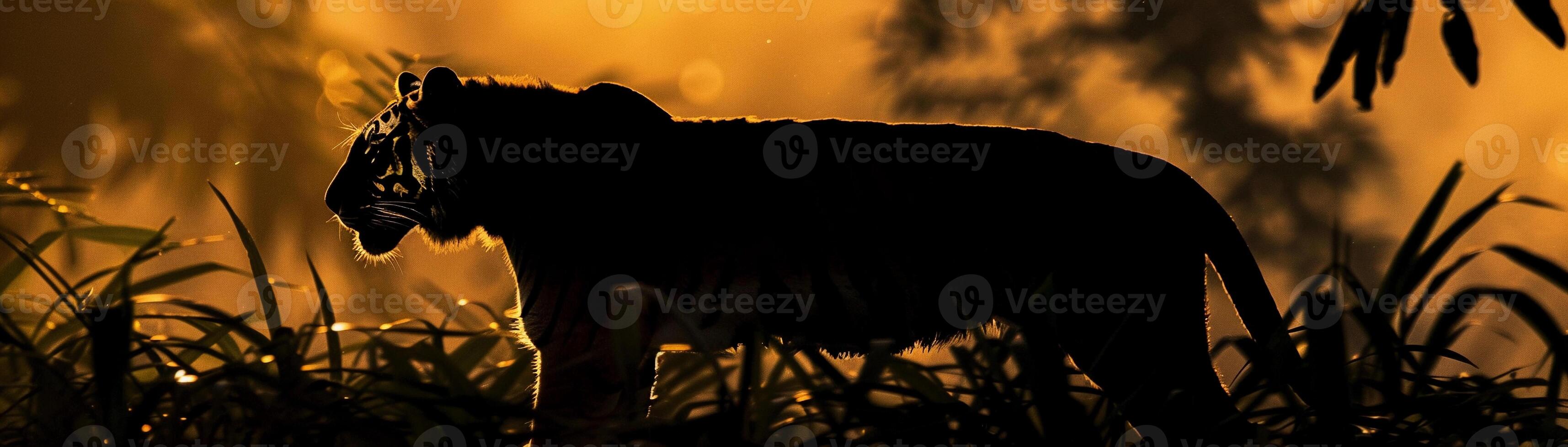 Silent Tiger, A silhouette of a tiger prowling through the jungle photo