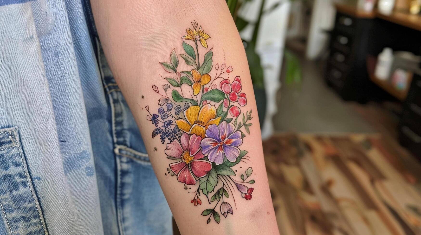 Delicate Wildflower Bouquet, A watercolor-style tattoo with a cluster of wildflowers and leaves photo
