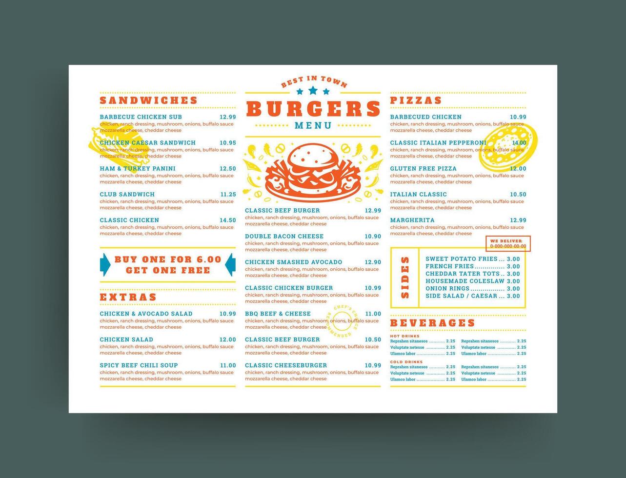 Burger restaurant menu layout design brochure or food flyer template illustration vector