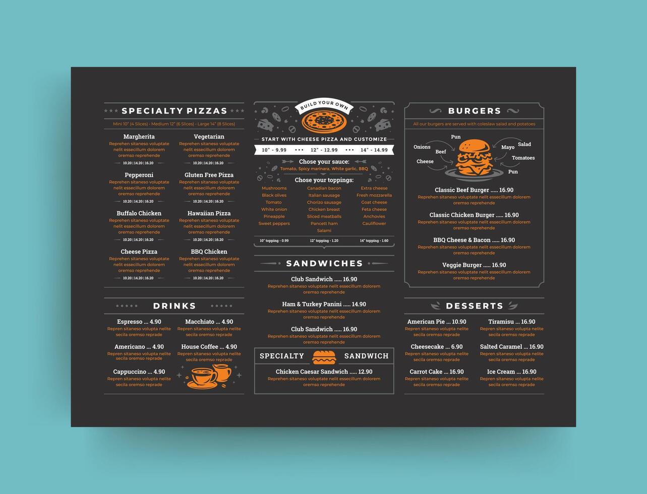 Pizza restaurant menu layout design brochure or food flyer template illustration vector