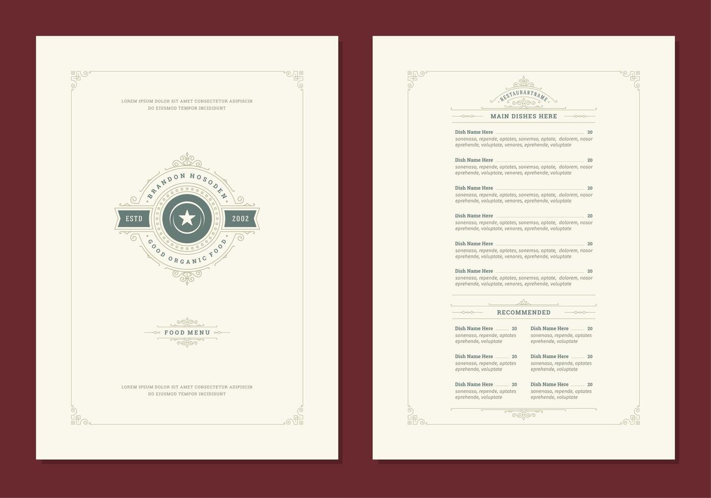 Menu design template with cover and restaurant vintage logo brochure. vector