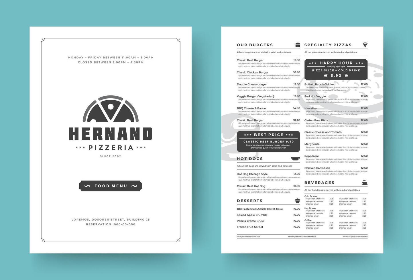 Pizza restaurant menu layout design brochure or food flyer template illustration. vector