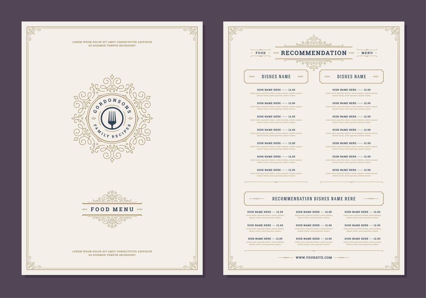 Menu design template with cover and restaurant vintage logo brochure. vector