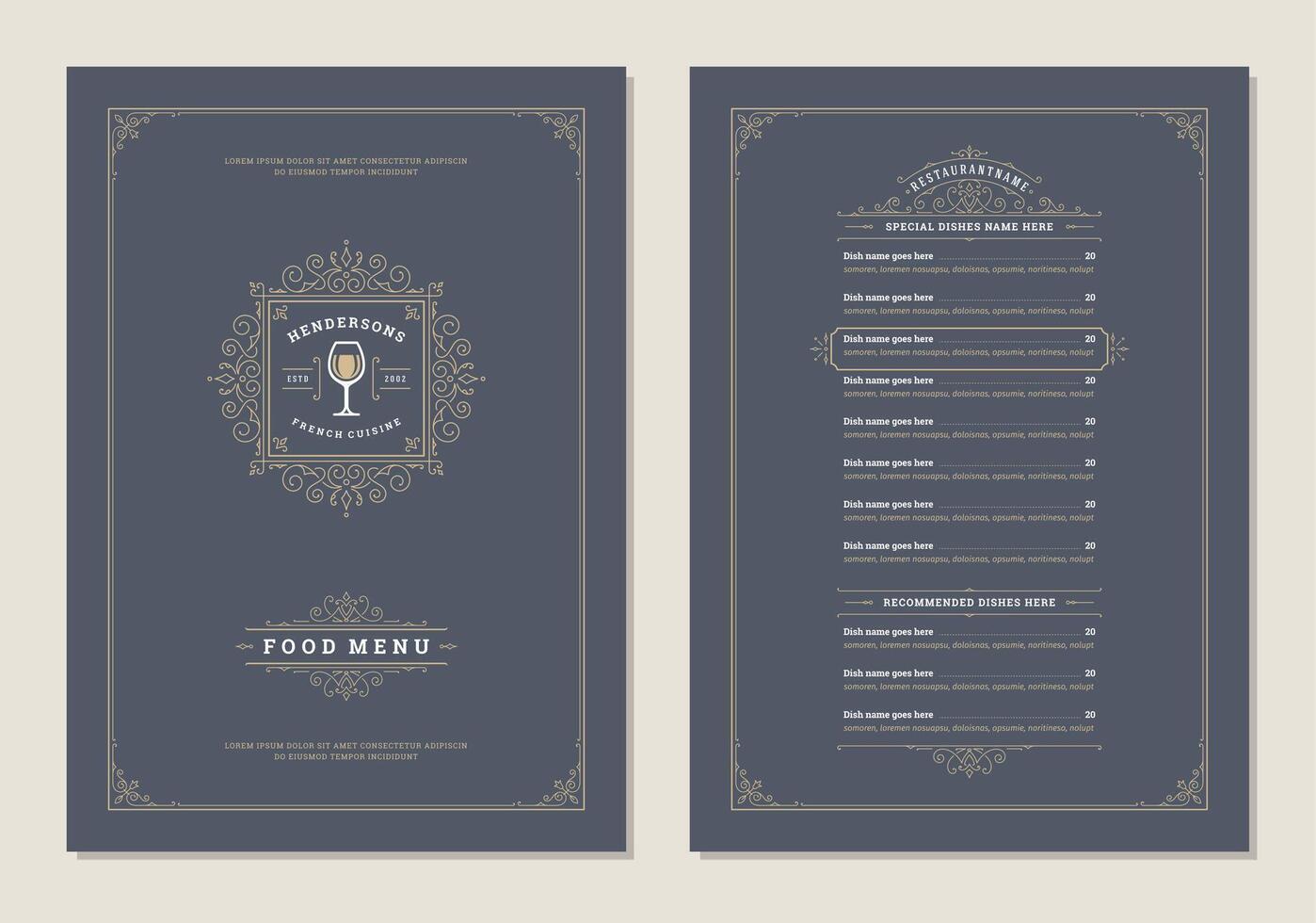 Menu design template with cover and restaurant vintage logo brochure. vector