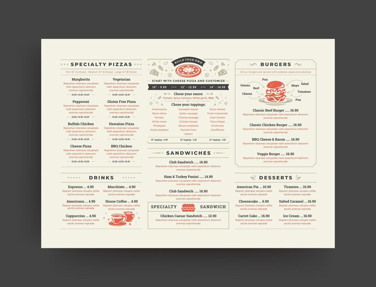 Pizza restaurant menu layout design brochure or food flyer template illustration. vector