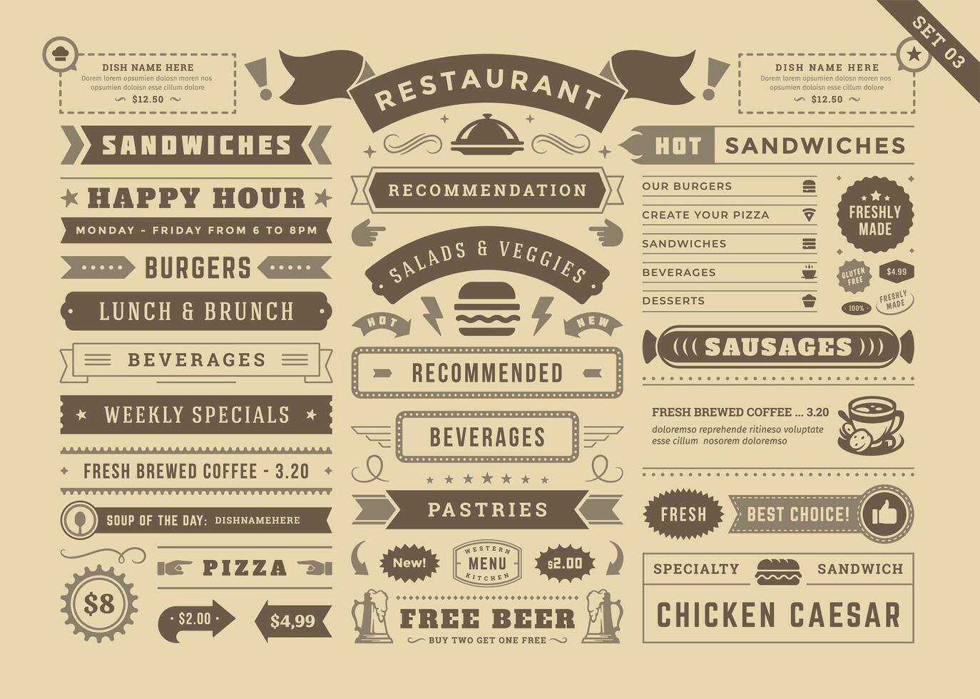 Restaurant menu typographic decoration design elements set vintage and retro style illustration vector