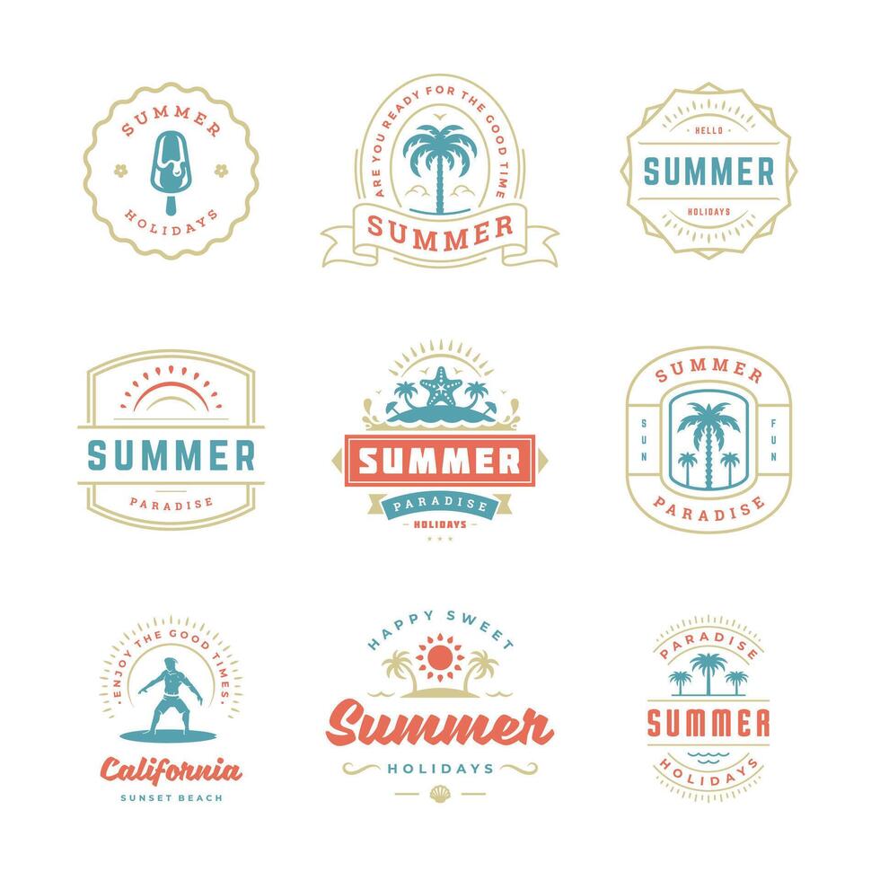 Summer holidays labels and badges retro typography design set. vector