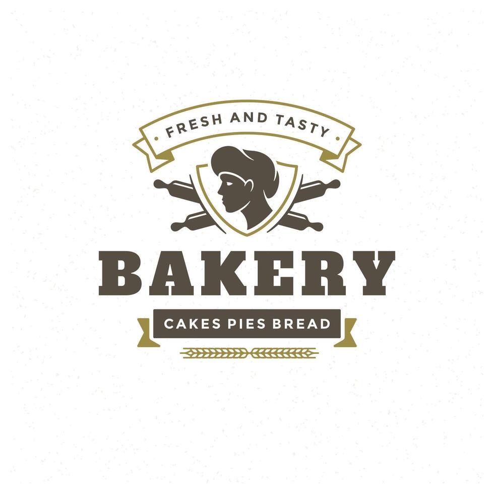 Bakery badge or label retro illustration. Baker man or chef in hat silhouette for bakehouse. vector