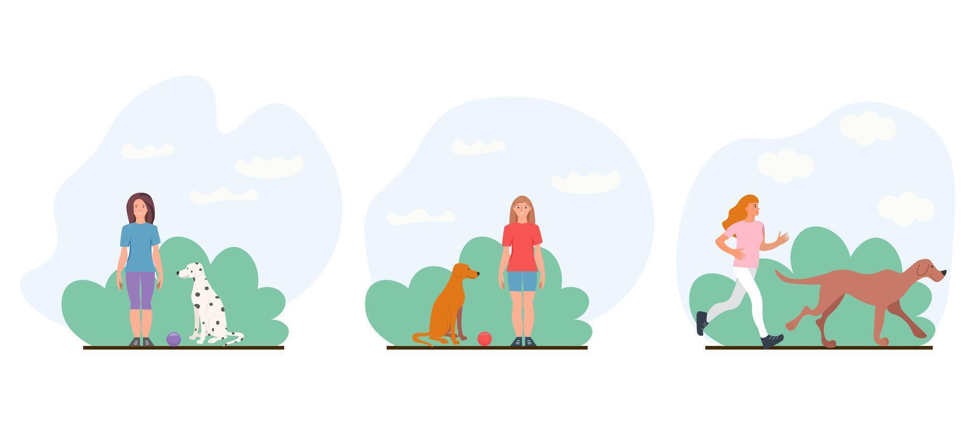 Set of women and dog. playing with their pets. Illustrations. take care a pet vector